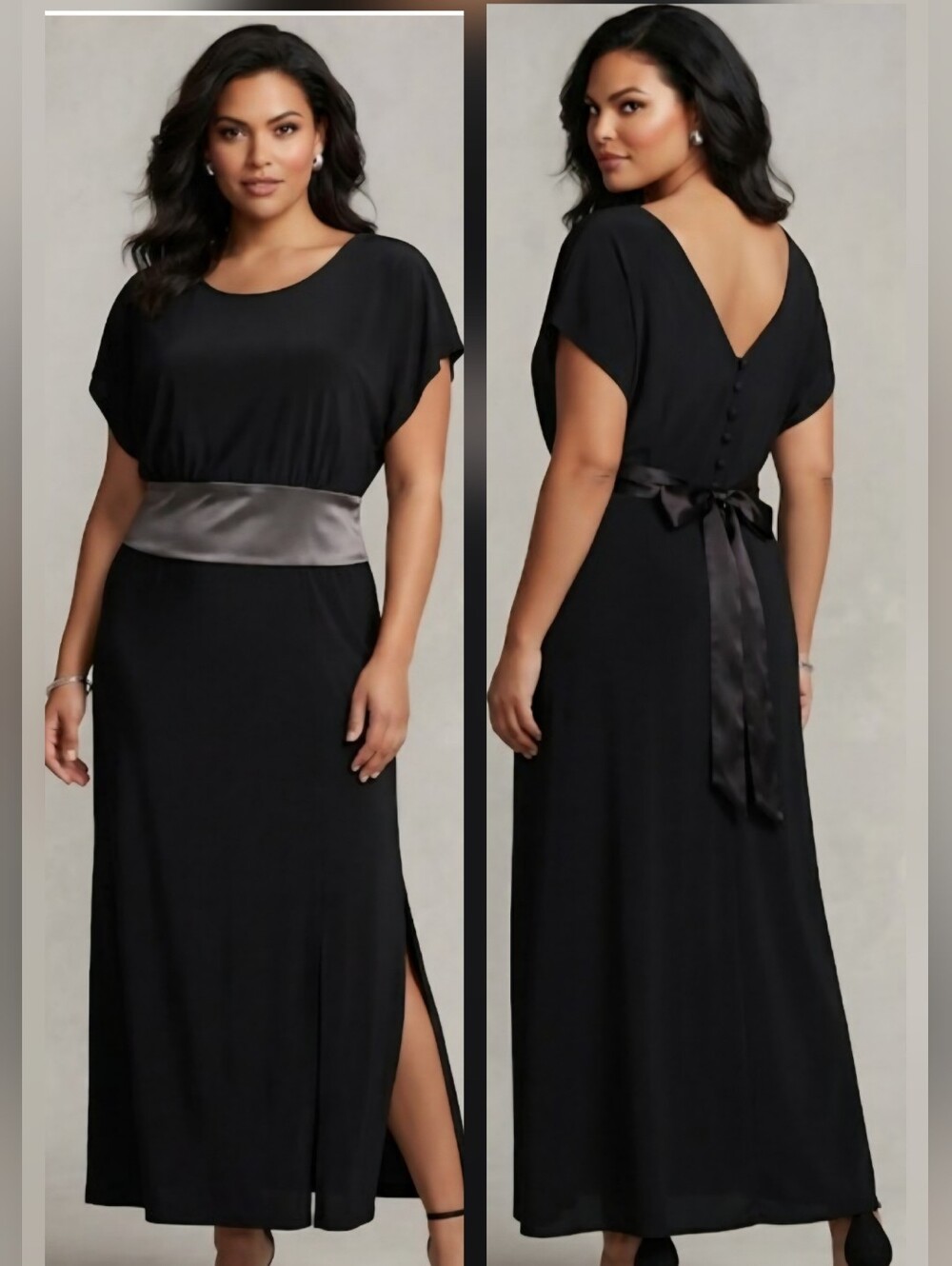 SL Fashions Black Evening Gown Satin Bow Side Slit Back Button Closure Sz 16 NWT